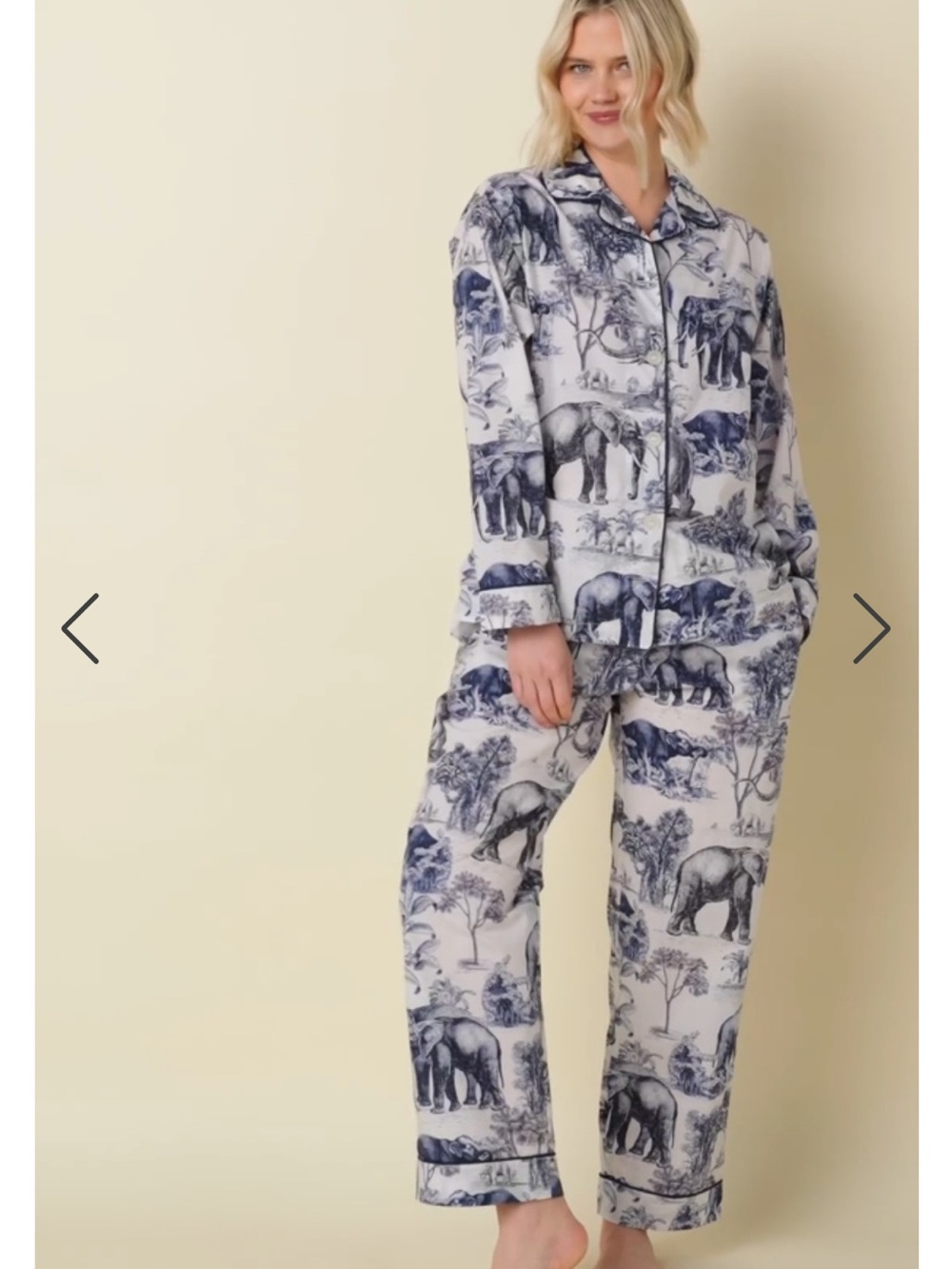 Cat’s Pajamas Safari Elephant Toile Luxe Pima Cotton Pajama Set - Blue Black L